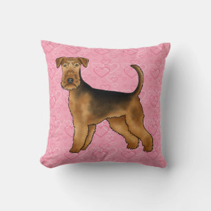 Airedale Terrier Dog Love With Pink Heart Pattern Cushion