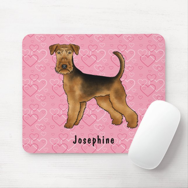 Airedale Terrier Dog Love With Pink Heart Pattern Mouse Mat (With Mouse)