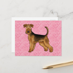 Airedale Terrier Dog Love With Pink Heart Pattern Postcard
