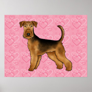 Airedale Terrier Dog Love With Pink Heart Pattern Poster
