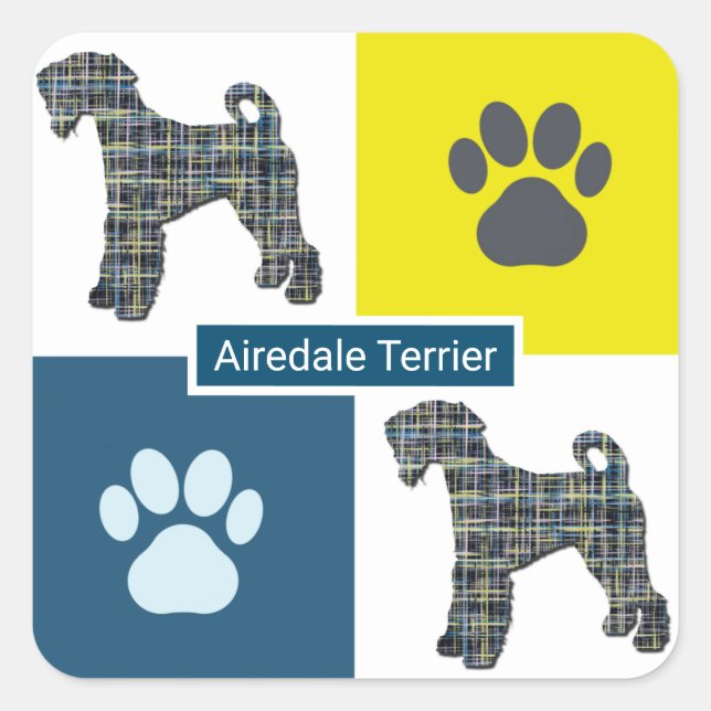 Airedale Terrier Dog & Paw Y&B Grid Square Sticker (Front)
