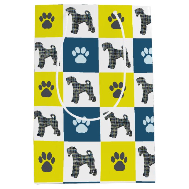 Airedale Terrier Dog & Paw Yellow & Blue Grid Line Medium Gift Bag (Front)