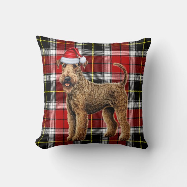 Airedale Terrier Dog Red Plaid Christmas Holiday Cushion (Front)