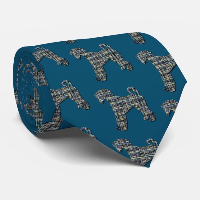 Airedale Terrier Dog Silhouette Grid Blue Tie (Rolled)
