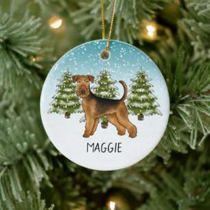 Airedale Terrier Dog Snowy Winter Forest And Name Ceramic Tree Decoration