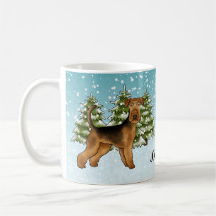 Airedale Terrier Dog Snowy Winter Forest And Name Coffee Mug