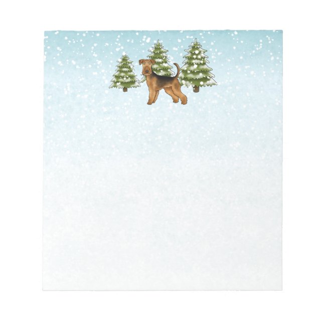 Airedale Terrier Dog Snowy Winter Forest Festive Notepad (Front)