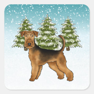 Airedale Terrier Dog Snowy Winter Forest Festive Square Sticker
