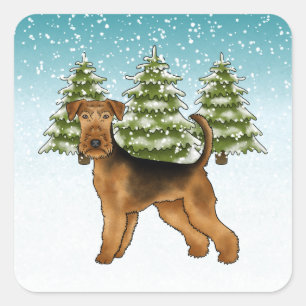 Airedale Terrier Dog Snowy Winter Forest Festive Square Sticker