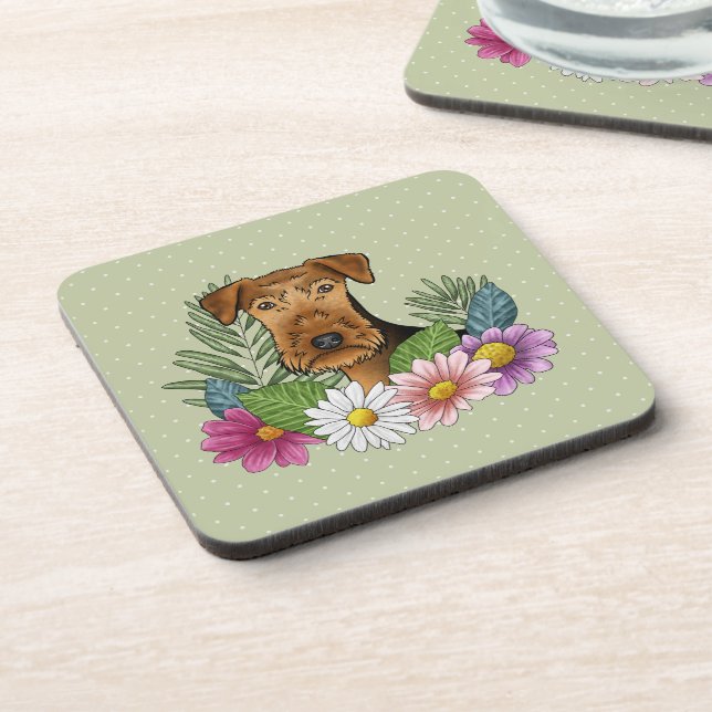 Airedale Terrier Dog With Colourful Flowers Green Coaster (Left Side)