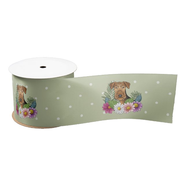 Airedale Terrier Dog With Colourful Flowers Green Satin Ribbon (Spool)
