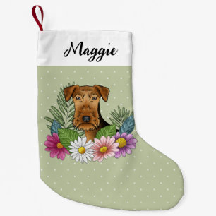 Airedale Terrier Dog With Colourful Flowers Green Small Christmas Stocking