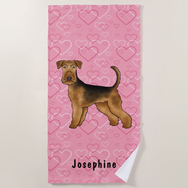 Airedale Terrier Dog With Pink Hearts And Name Beach Towel (Front)
