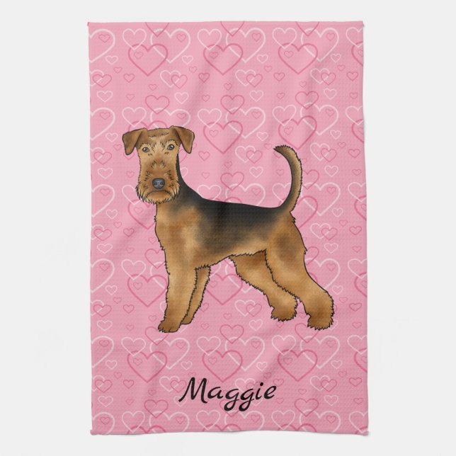 Airedale Terrier Dog With Pink Hearts And Name Tea Towel (Vertical)