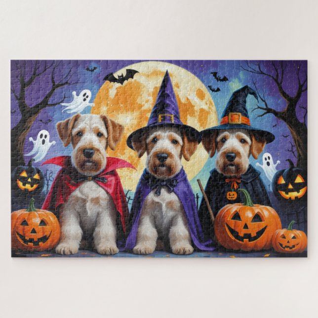 Airedale Terrier Dogs Pumpkin Halloween Funny Jigsaw Puzzle (Horizontal)