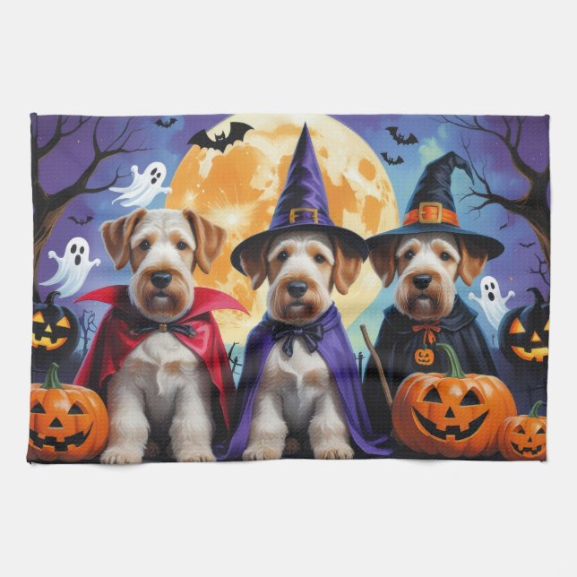 Airedale Terrier Dogs Pumpkin Halloween Funny Tea Towel (Horizontal)