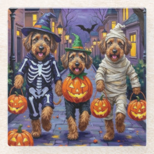 Airedale Terrier Dogs Trick-or-Treating Halloween Glass Coaster