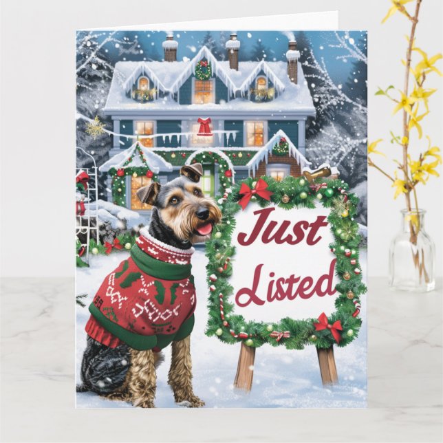 Airedale Terrier Festive Humour Realtor Christmas Card (Yellow Flower)
