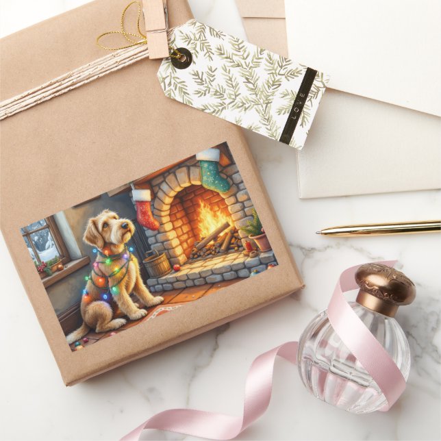 Airedale Terrier Fireplace Christmas Lights Rectangular Sticker (Gifting)