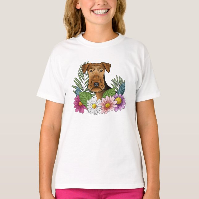 Airedale Terrier Head And Floral Nature Flowers T-Shirt (Front)