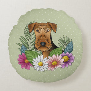 Airedale Terrier Head With Colourful Summer Flower Round Cushion