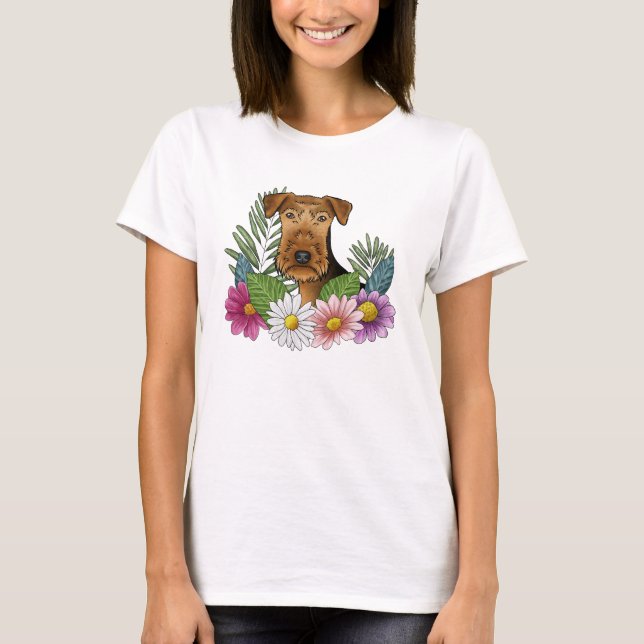 Airedale Terrier Head With Colourful Wildflowers T-Shirt (Front)
