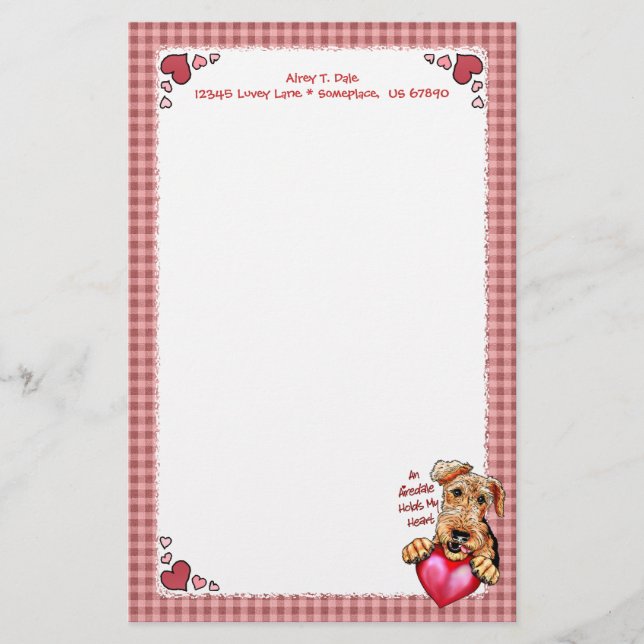 Airedale Terrier Holds My Heart Valentine's Day Stationery (Front)