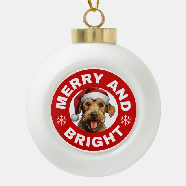 Airedale Terrier Merry And Bright Ceramic Ball Christmas Ornament (Front)