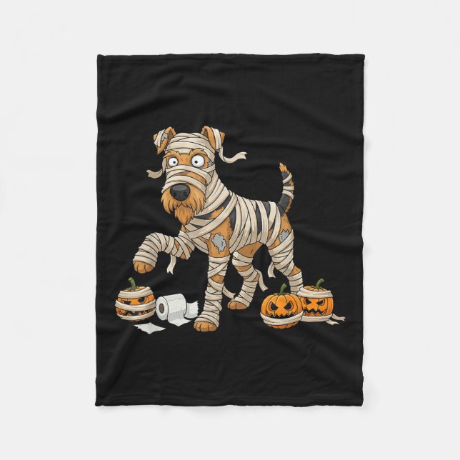 Airedale Terrier Mummy Pumpkin Halloween Kids Mens Fleece Blanket (Front)
