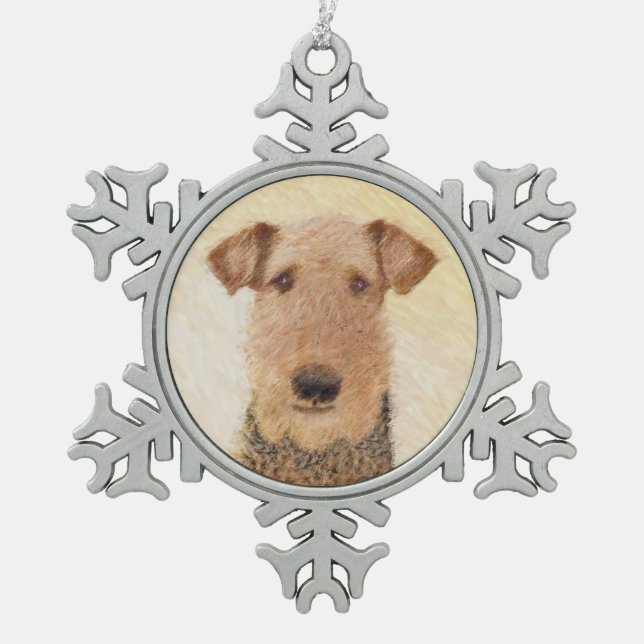 Airedale Terrier Painting - Cute Original Art Snowflake Pewter Christmas Ornament (Front)