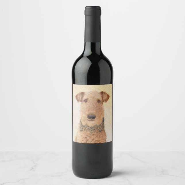 Airedale Terrier Painting - Cute Original Art Wine Label (Front)