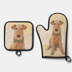 Airedale Terrier Painting Cute Original Dog Art Oven Mitt & Pot Holder Set
