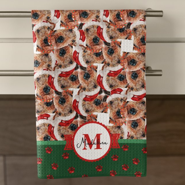Airedale Terrier Pattern Monogram Christmas Dog Tea Towel (Creator Uploaded)