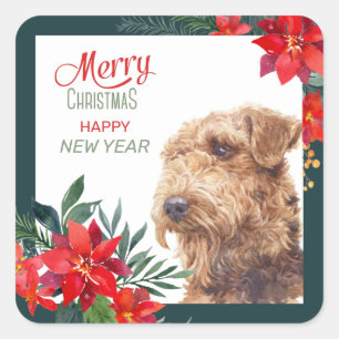 Airedale Terrier Poinsettia Border Christmas Square Sticker