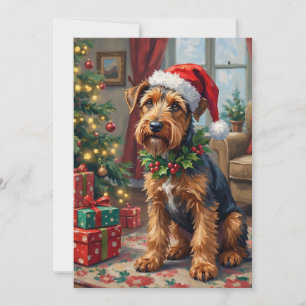 Airedale Terrier Santa Hat Christmas Fun Art Holiday Card
