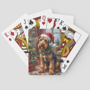 Airedale Terrier Santa Hat Christmas Fun Art Playing Cards