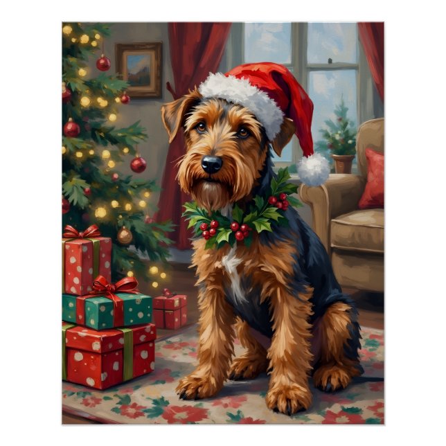 Airedale Terrier Santa Hat Christmas Fun Art Poster (Front)