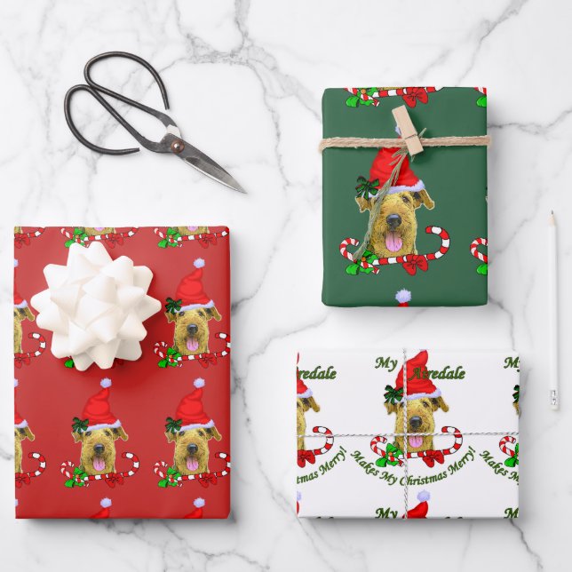 Airedale Terrier Santa Hat Christmas Wrapping Paper Sheet (Front)