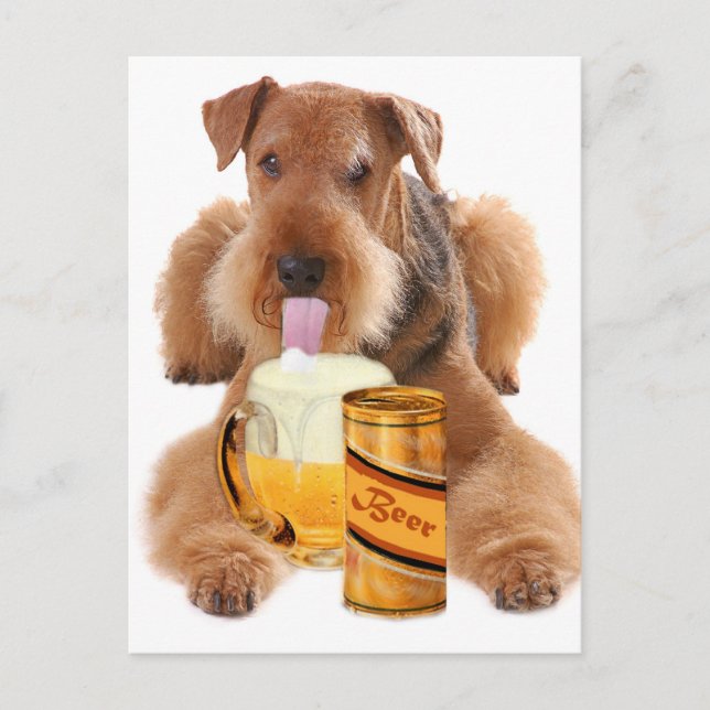 Airedale Terrier  shares a beer Postcard (Front)