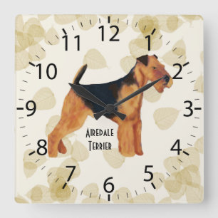 Airedale Terrier ~ Tan Leaves Design Square Wall Clock