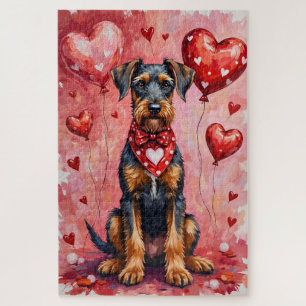 Airedale Terrier Valentine Dog Art with Hearts Jigsaw Puzzle
