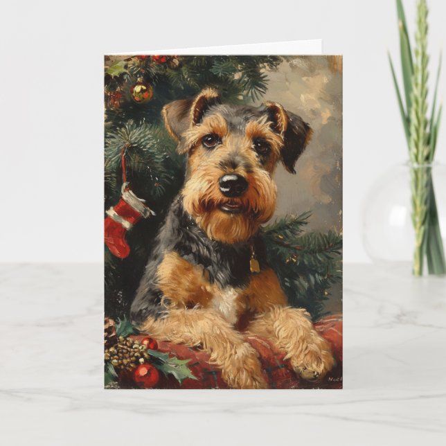 Airedale terrier vintage personalised Christmas  Holiday Card (Front)