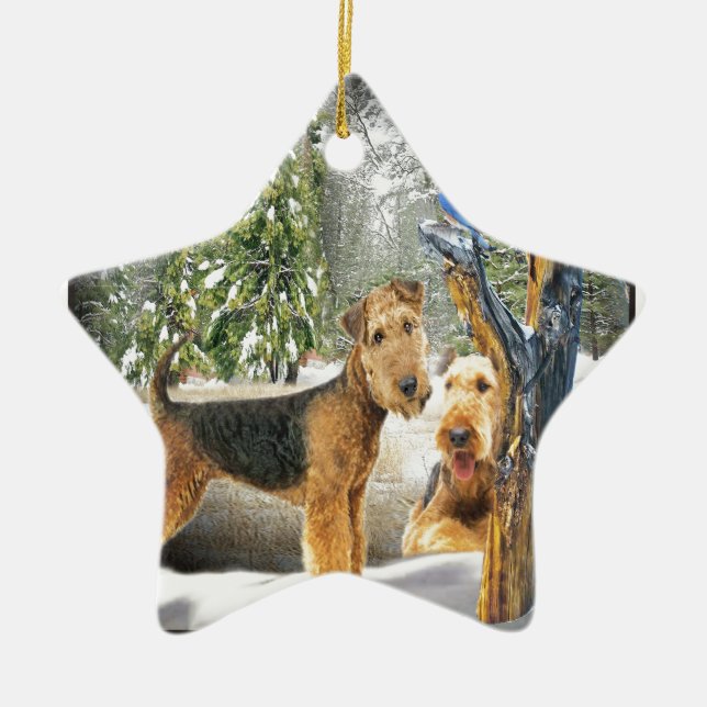 Airedale Terrier Winter Day gifts Ceramic Tree Decoration (Front)