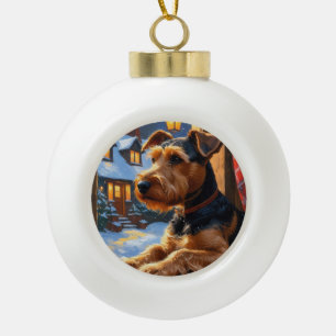 Airedale Terrier With Christmas Lights Holiday  Ceramic Ball Christmas Ornament