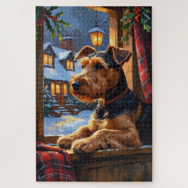 Airedale Terrier With Christmas Lights Holiday  Jigsaw Puzzle (Vertical)