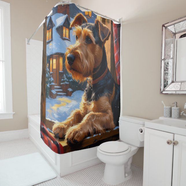 Airedale Terrier With Christmas Lights Holiday  Shower Curtain (In Situ)