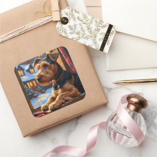 Airedale Terrier With Christmas Lights Holiday Square Sticker