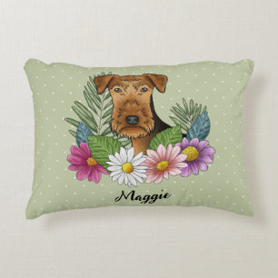 Airedale Terrier With Colourful Flowers And Name Decorative Cushion