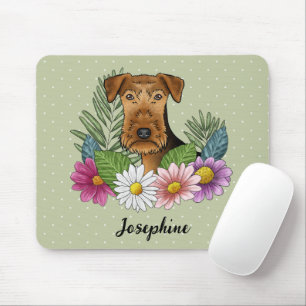 Airedale Terrier With Colourful Flowers And Name Mouse Mat