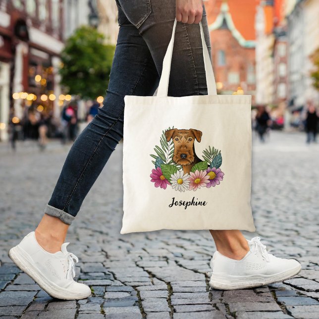 Airedale Terrier With Colourful Flowers And Name Tote Bag (Please note: This image is a digital mockup. The product may not be in scale.)